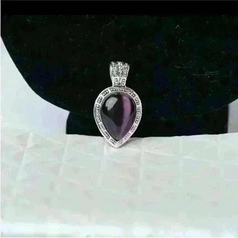 Purple Teardrop Stone Boho Pendant Silver Tone -Amethyst Style